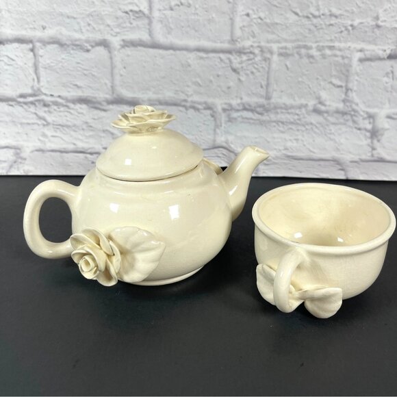 Stacked Ceramic Pottery Teapot Cup Set Paper Windows USA Floral Rose Cream VTG - Picture 5 of 16